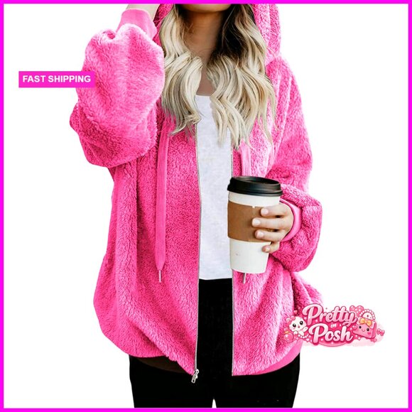 Sherpa Fleece Zip Up Hoodie Jacket with Pockets Oversized Fit